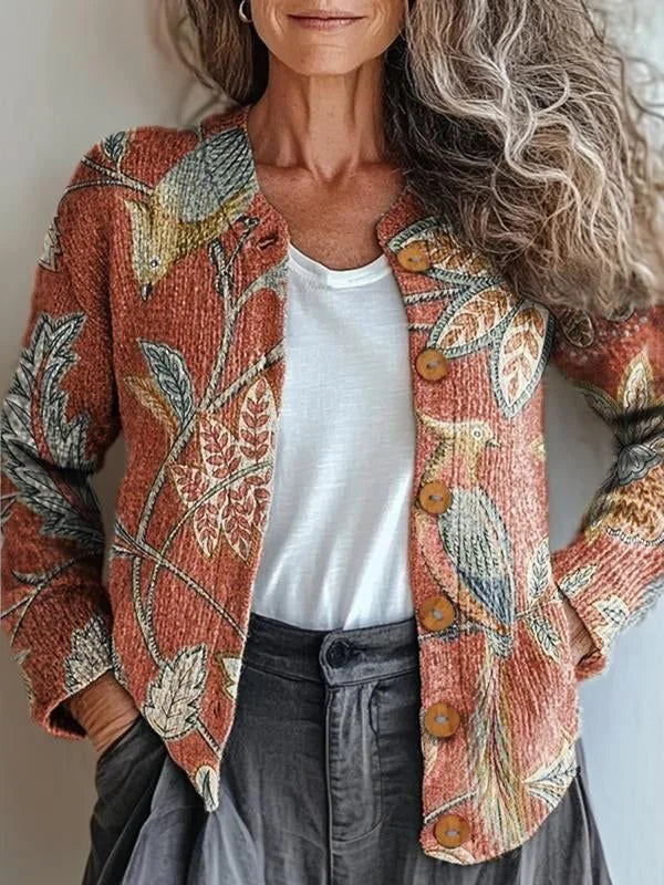 Women's Knitted Floral Long Sleeve Casual Vintage Cardigan