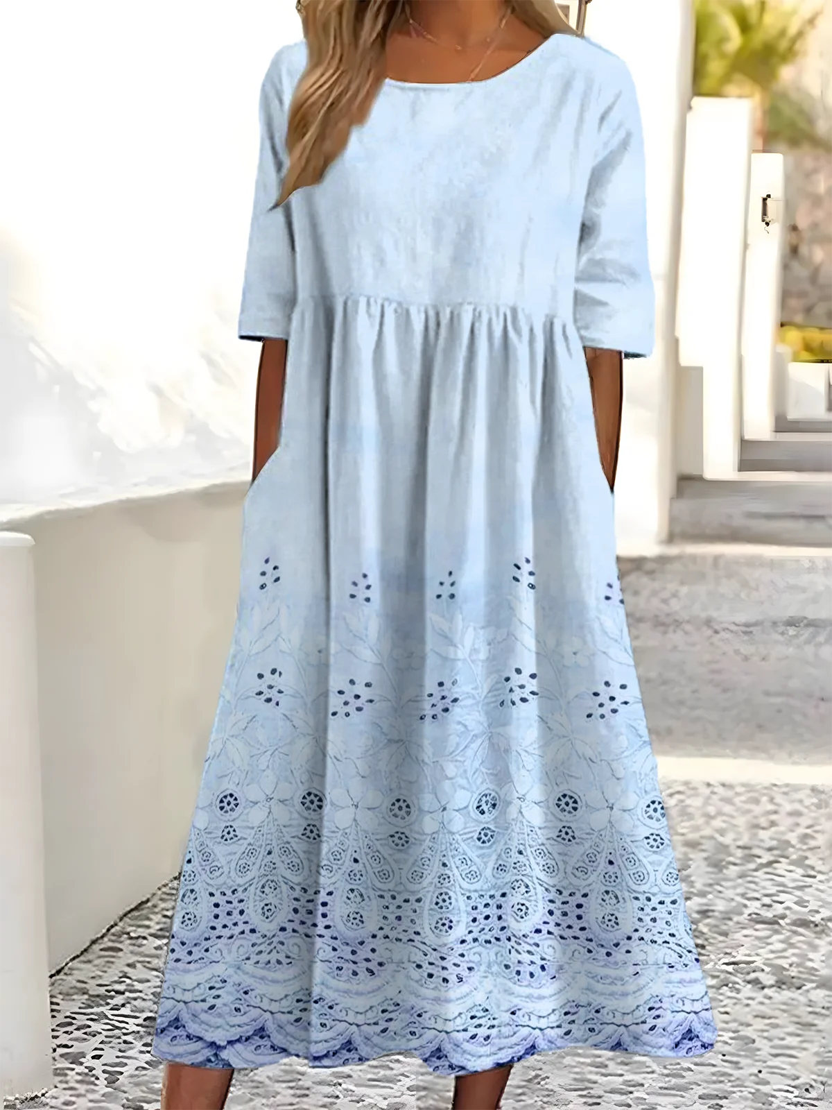Women Gradient Pattern Crew Neck Half Sleeve Comfy Vintage Maxi Dress