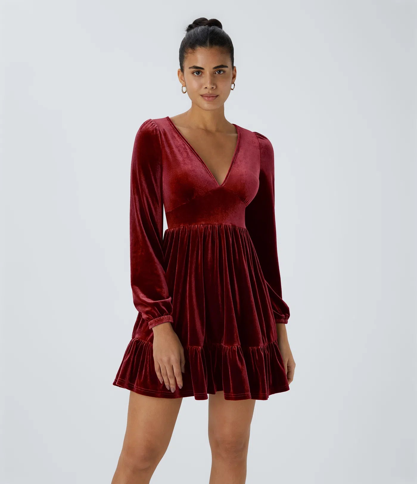 Everyday Deep V-Neck Long Sleeve Ruffled Hem Velvet Mini Chill Dress
