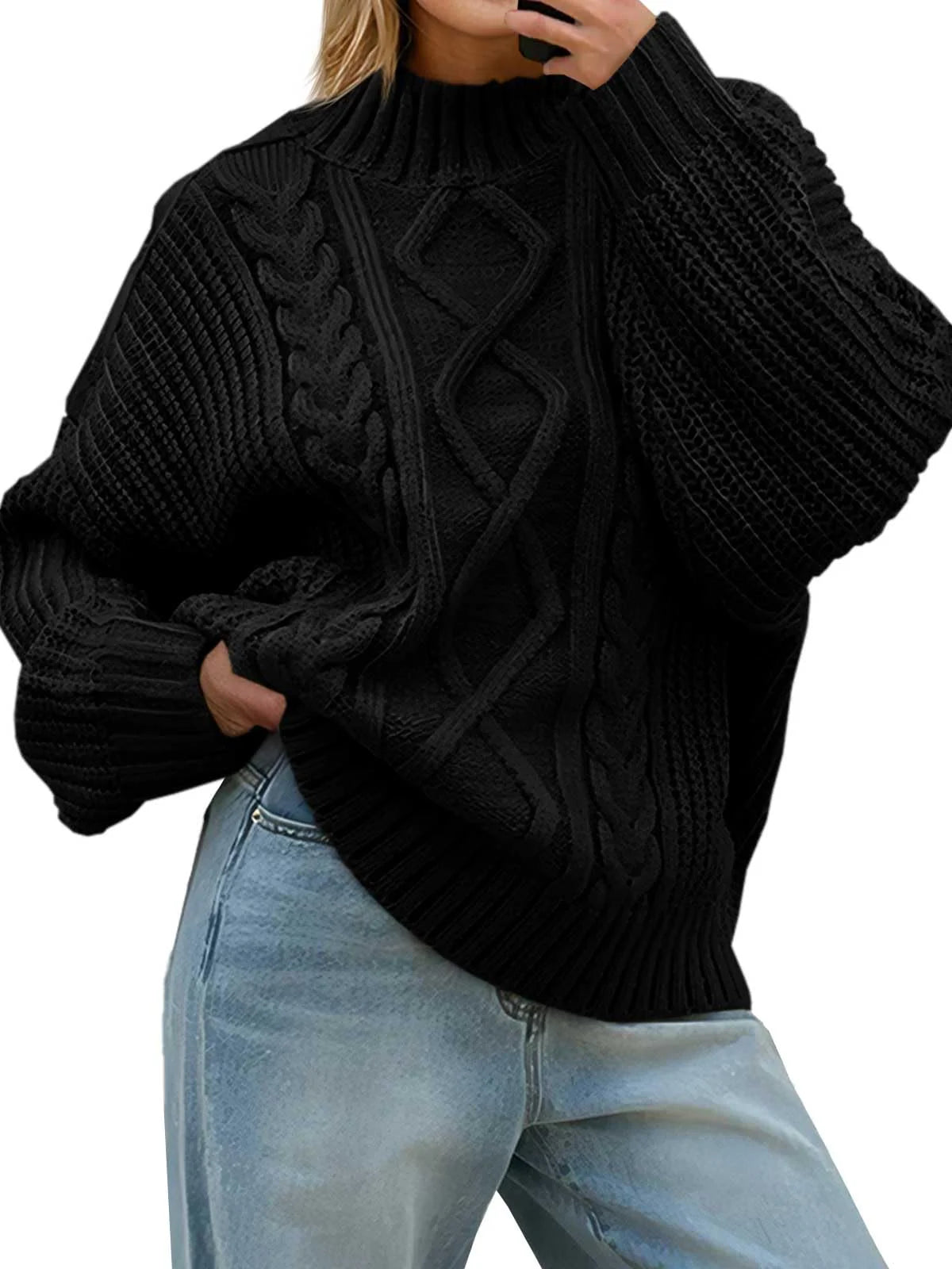 Women’s Oversized Cable Knit Button-Up Turtleneck Sweater