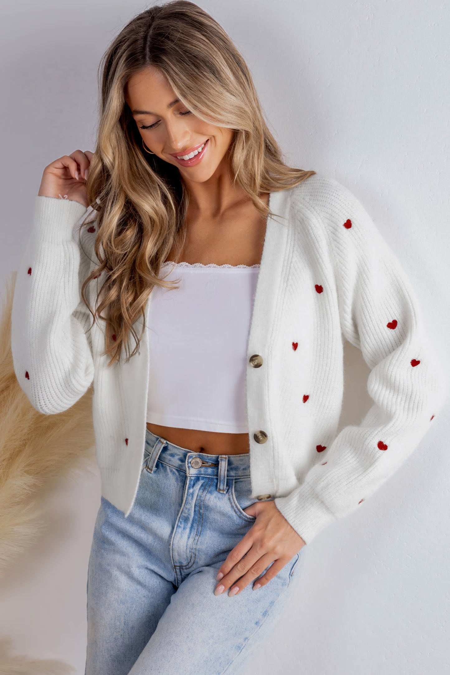 Heart Print Long Sleeve V-Neck Cardigan