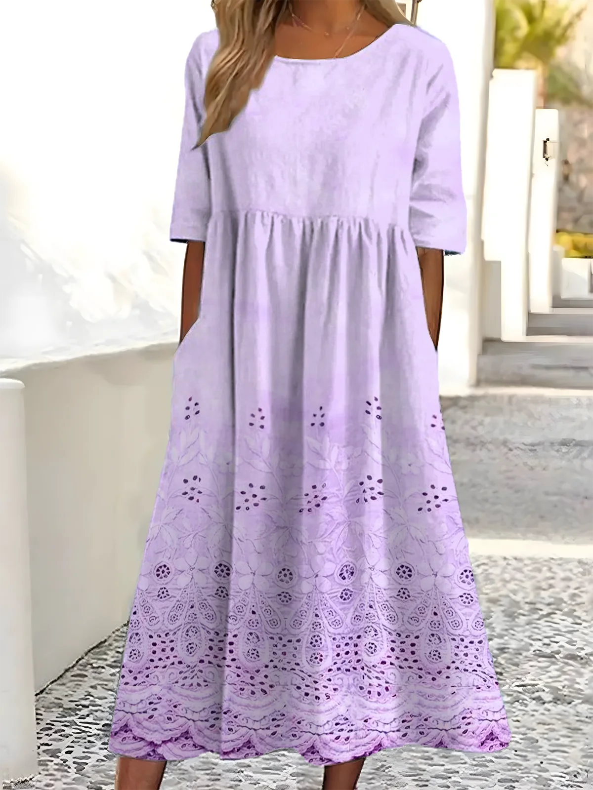 Women Gradient Pattern Crew Neck Half Sleeve Comfy Vintage Maxi Dress