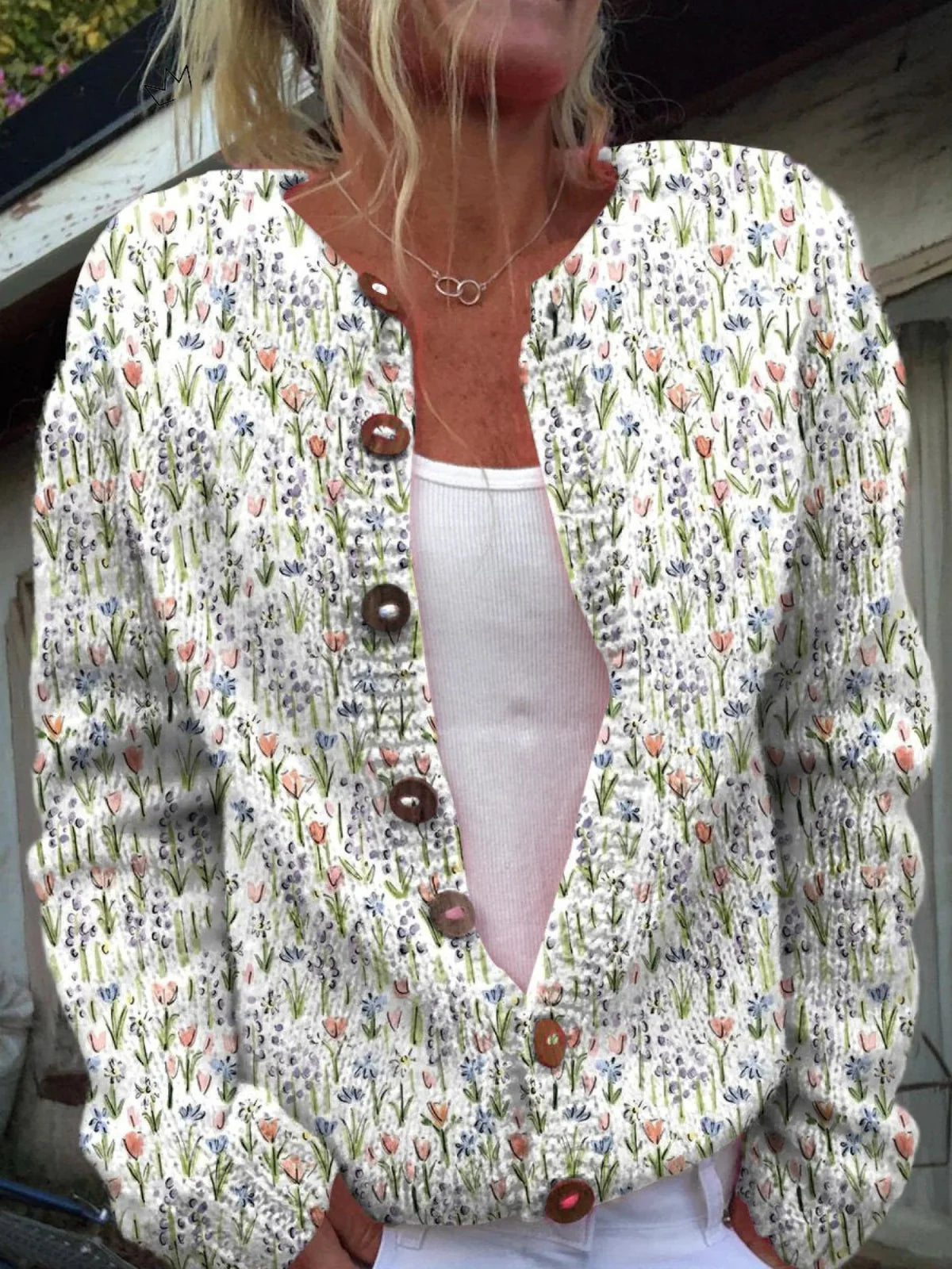 Vintage Flower Art Print Buttoned Cardigan Sweater