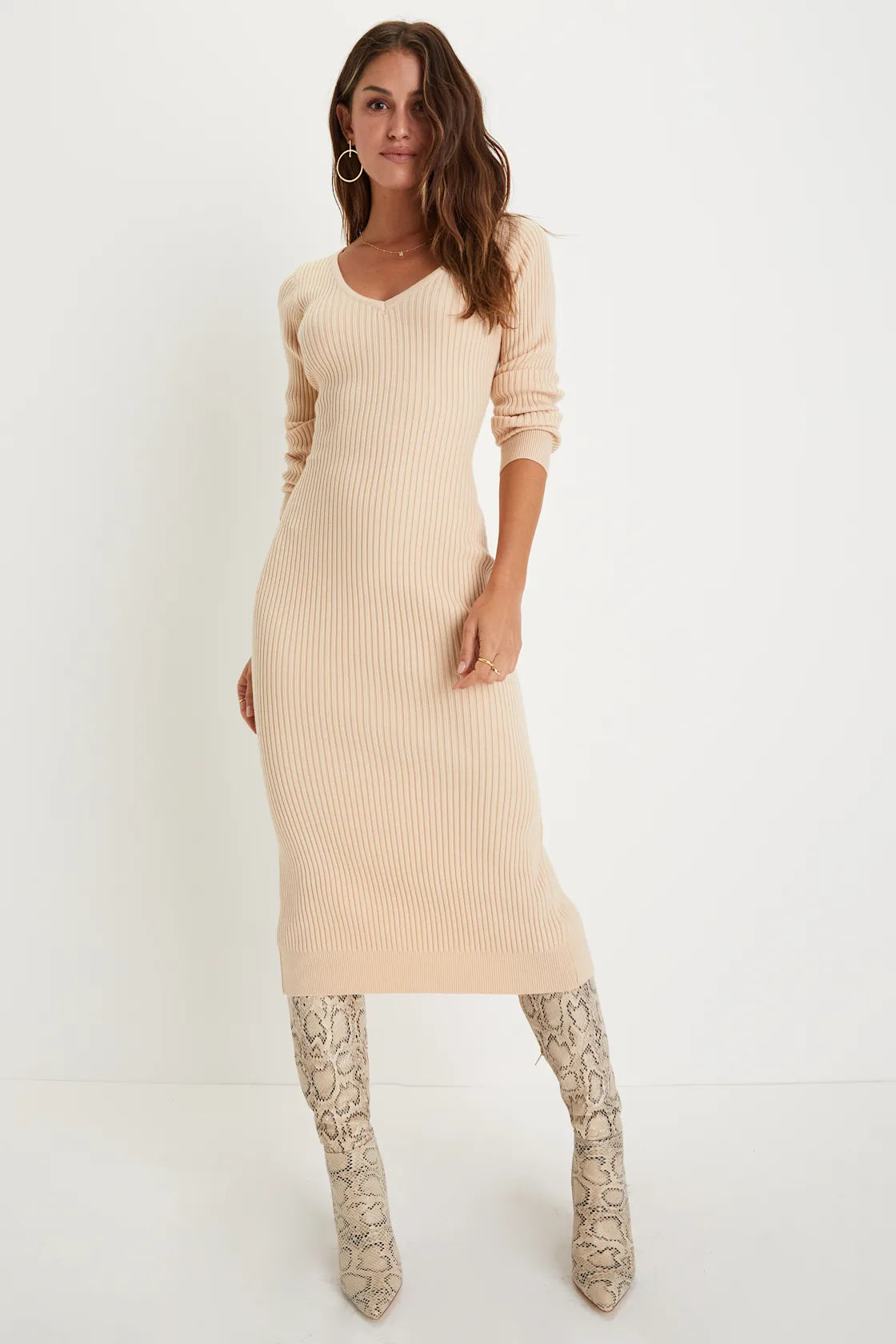 Everyday Beauty Beige Long Sleeve Ribbed Knit Sweater Dress