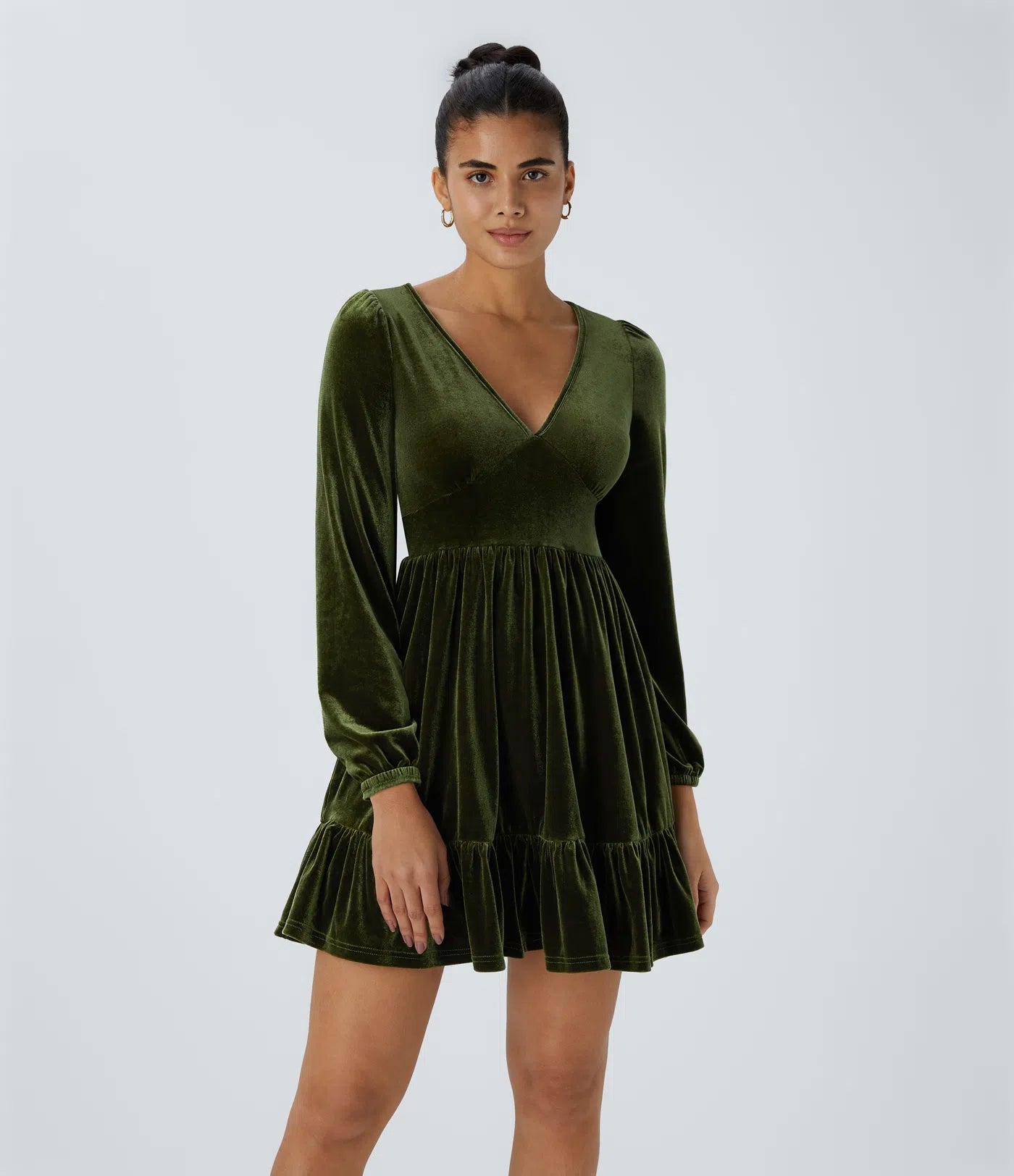 Everyday Deep V-Neck Long Sleeve Ruffled Hem Velvet Mini Chill Dress