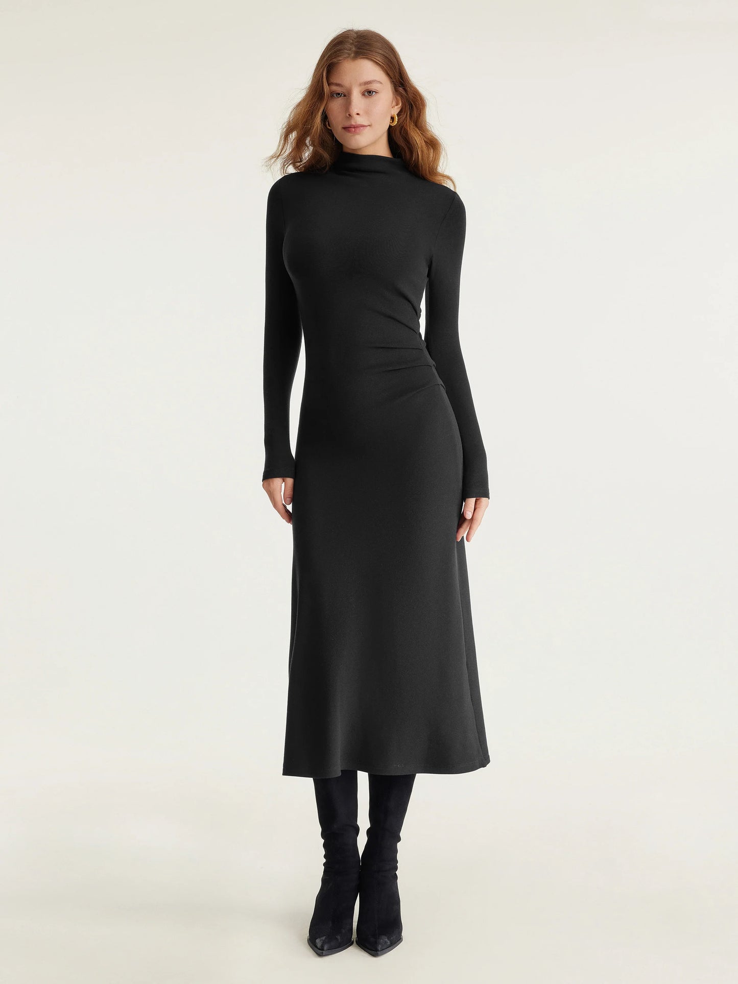 Heat-Tech Long Sleeves Mockneck Tucks Midi Dress