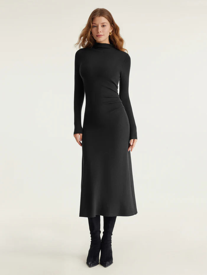 ProWarm Long Sleeves Mockneck Tucks Midi Dress