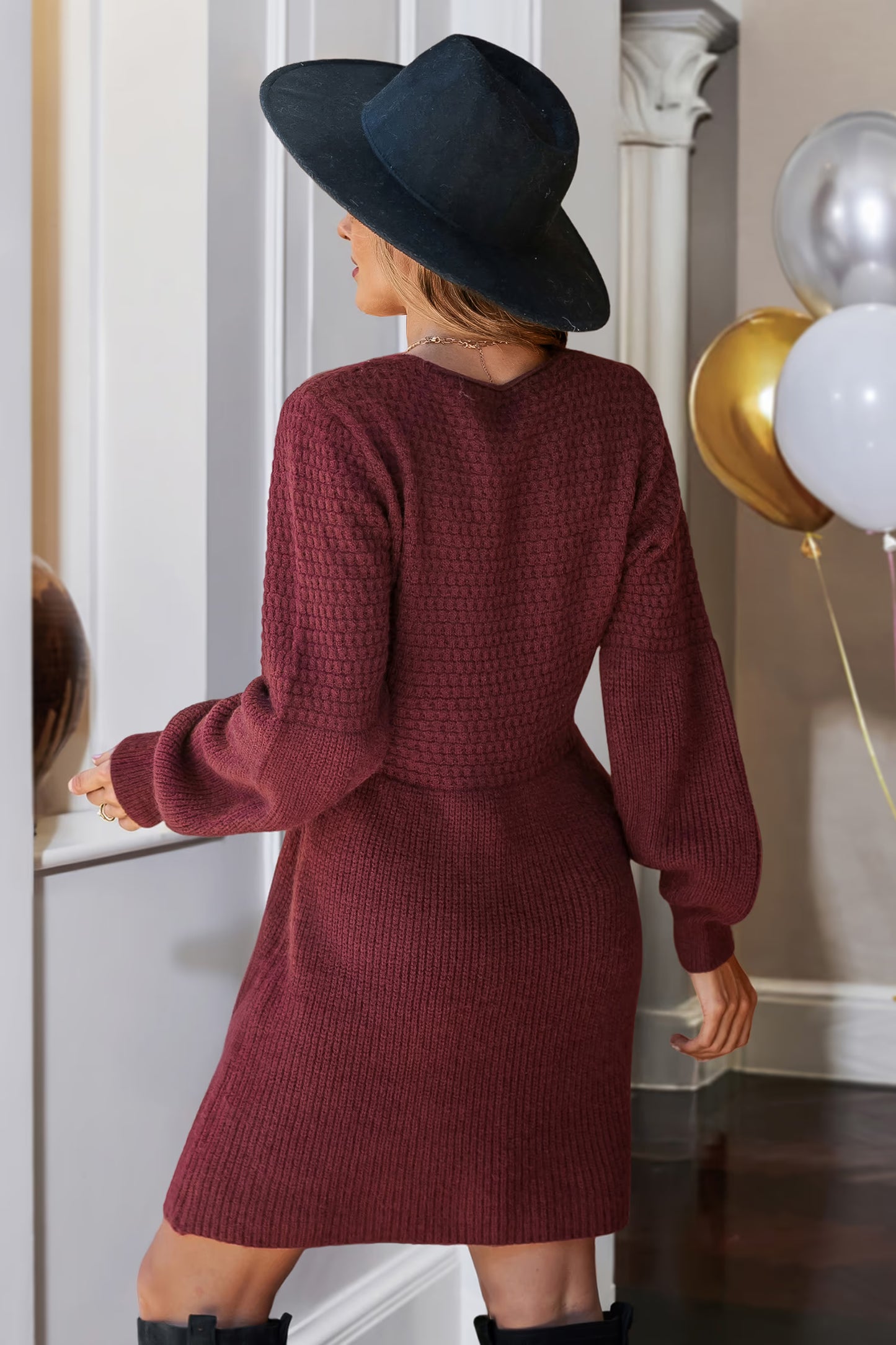 Honeycomb Knit V-Neck Mini Sweater Dress