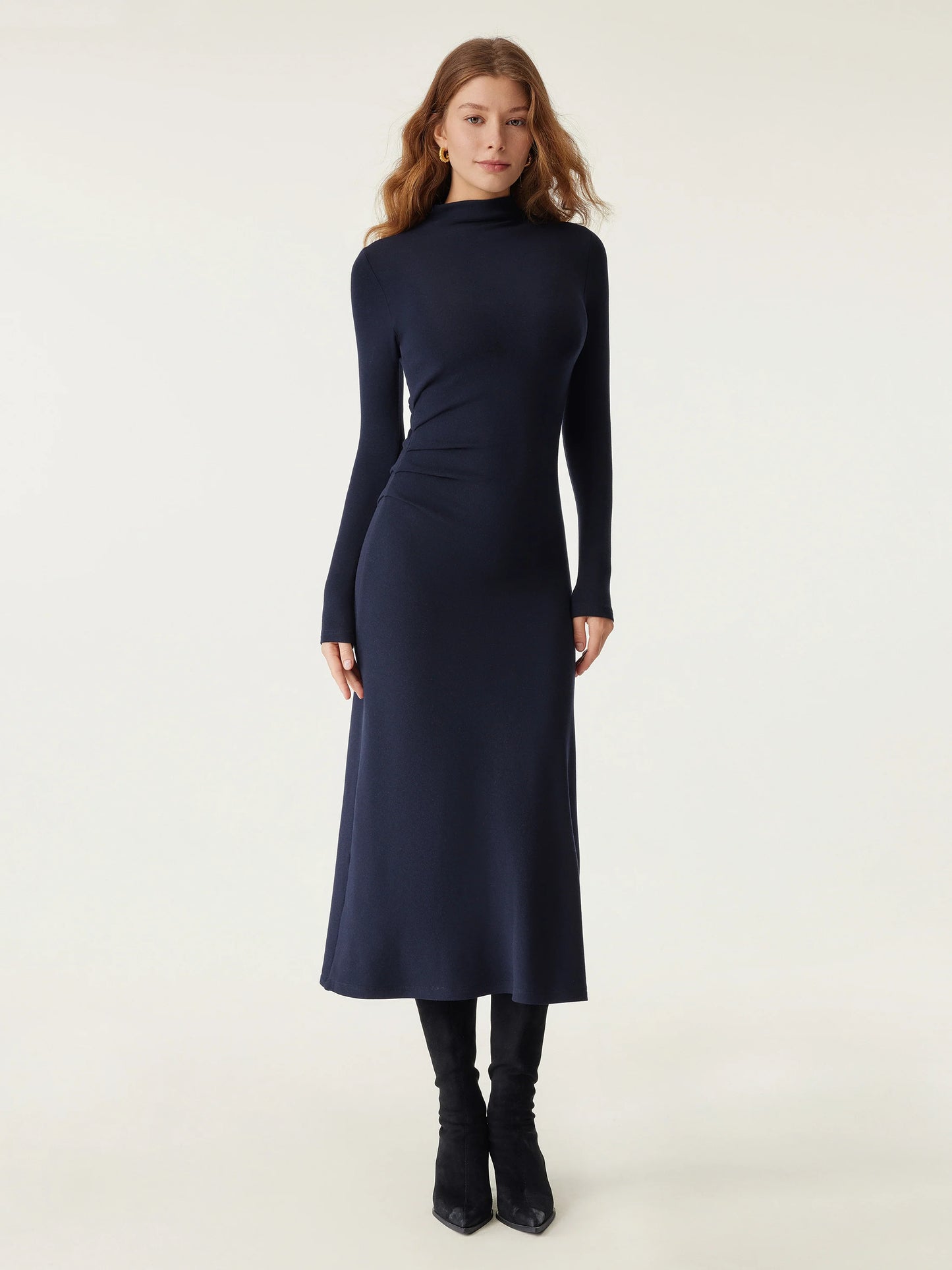 Heat-Tech Long Sleeves Mockneck Tucks Midi Dress
