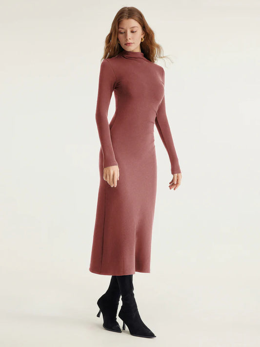 ProWarm Long Sleeves Mockneck Tucks Midi Dress