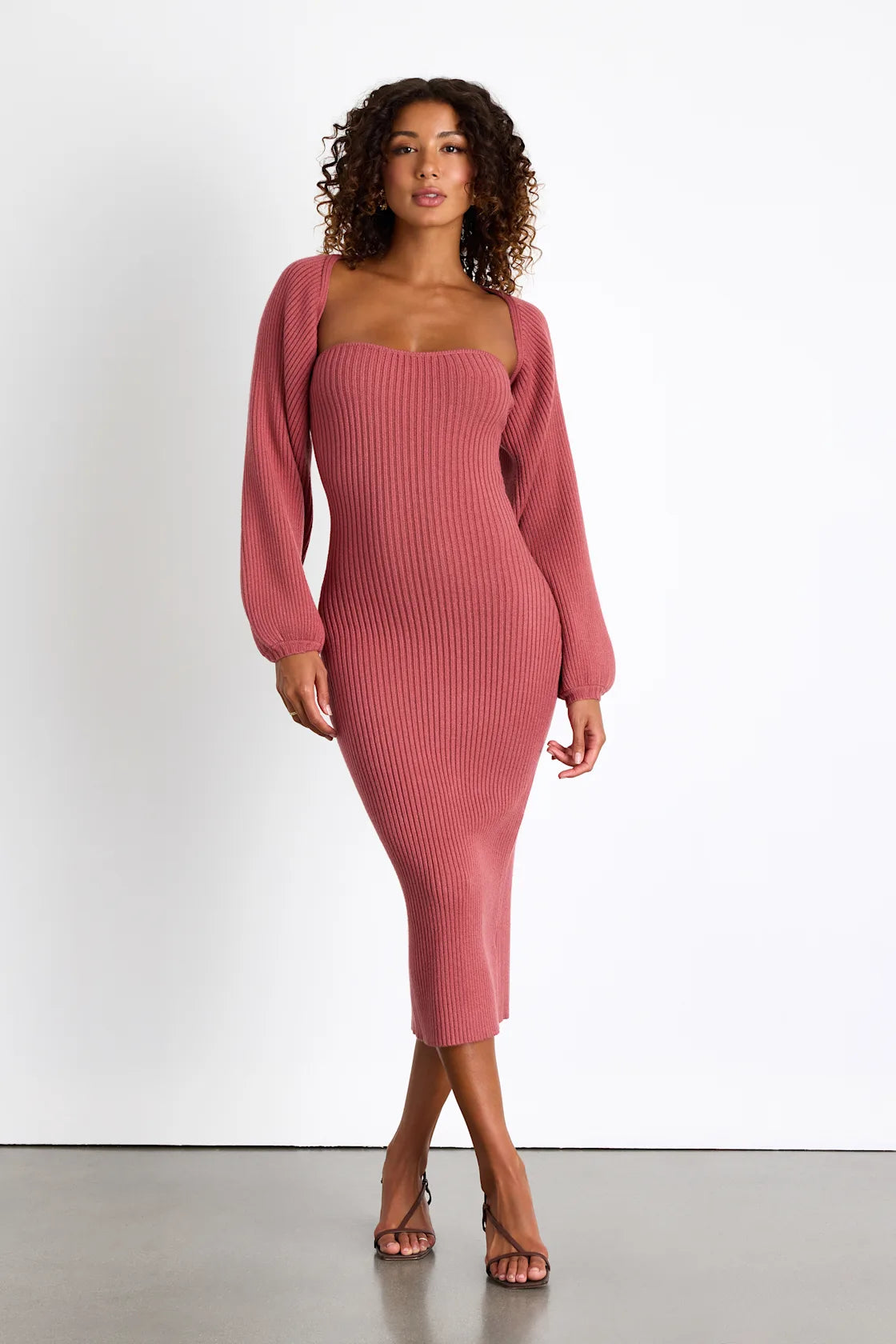 Autumn Aura Rusty Rose Ribbed Two-Piece Sweater Dress