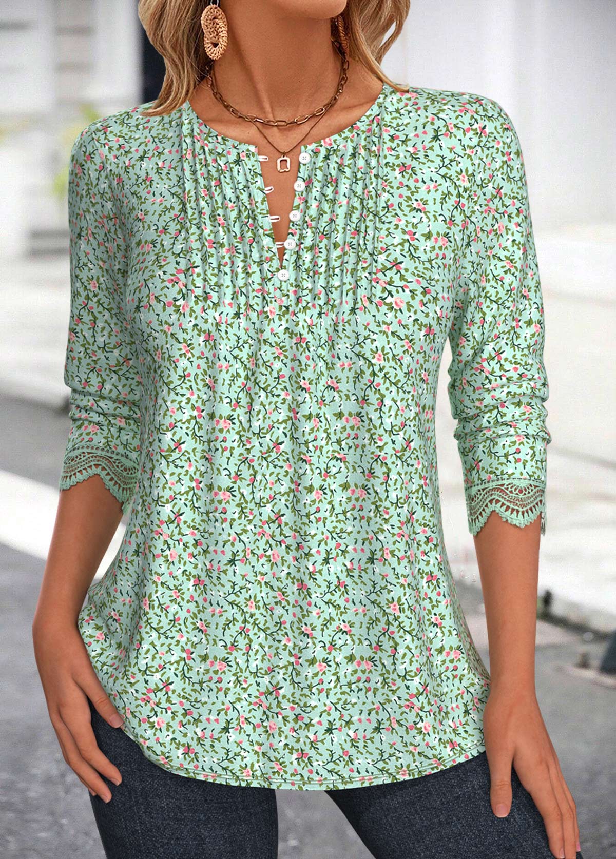 Navy Tuck Stitch Plaid Long Sleeve Split Neck Blouse