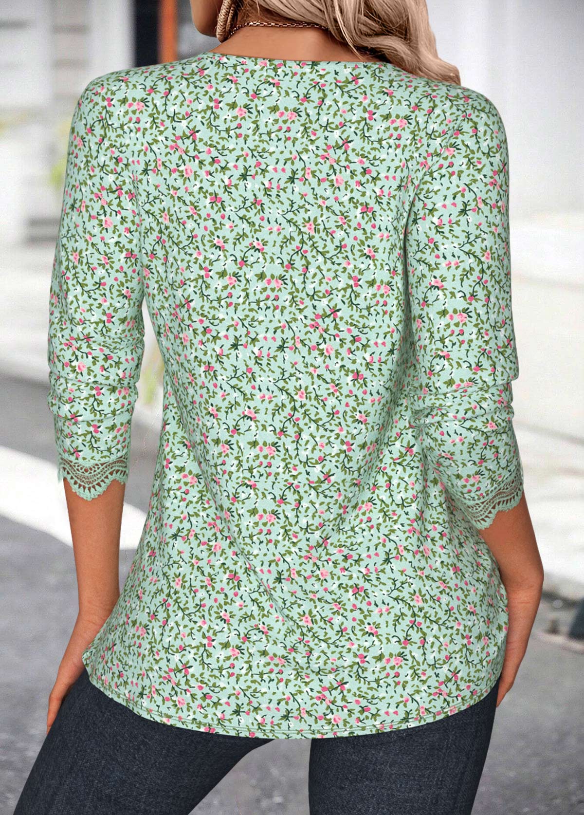 Navy Tuck Stitch Plaid Long Sleeve Split Neck Blouse