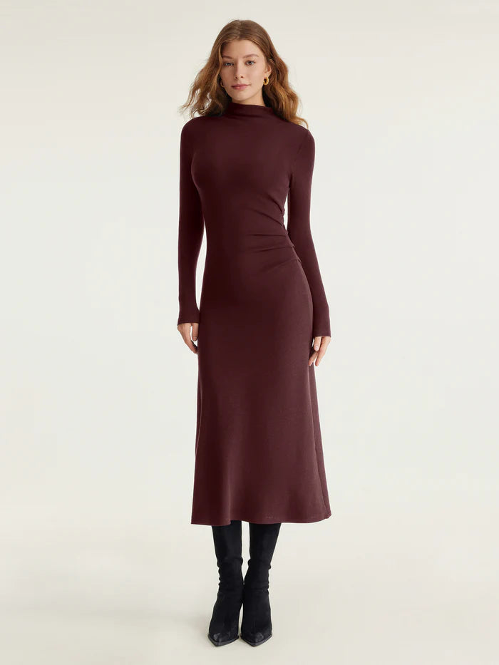 ProWarm Long Sleeves Mockneck Tucks Midi Dress