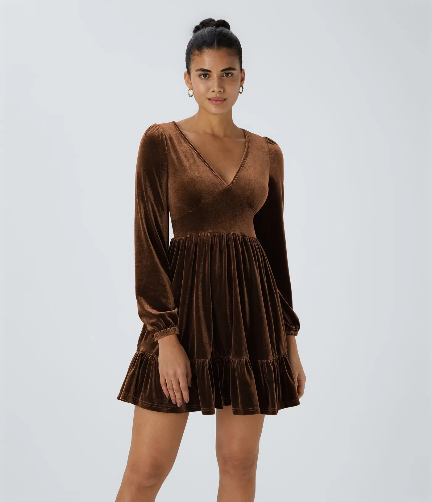 Everyday Deep V-Neck Long Sleeve Ruffled Hem Velvet Mini Chill Dress