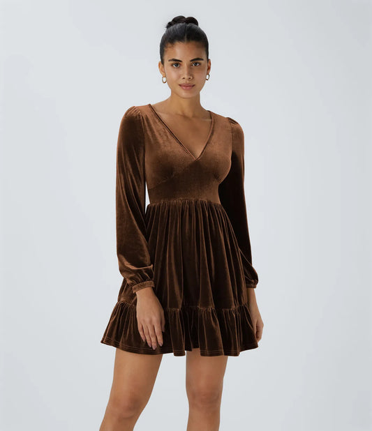 Everyday Deep V-Neck Long Sleeve Ruffled Hem Velvet Mini Chill Dress