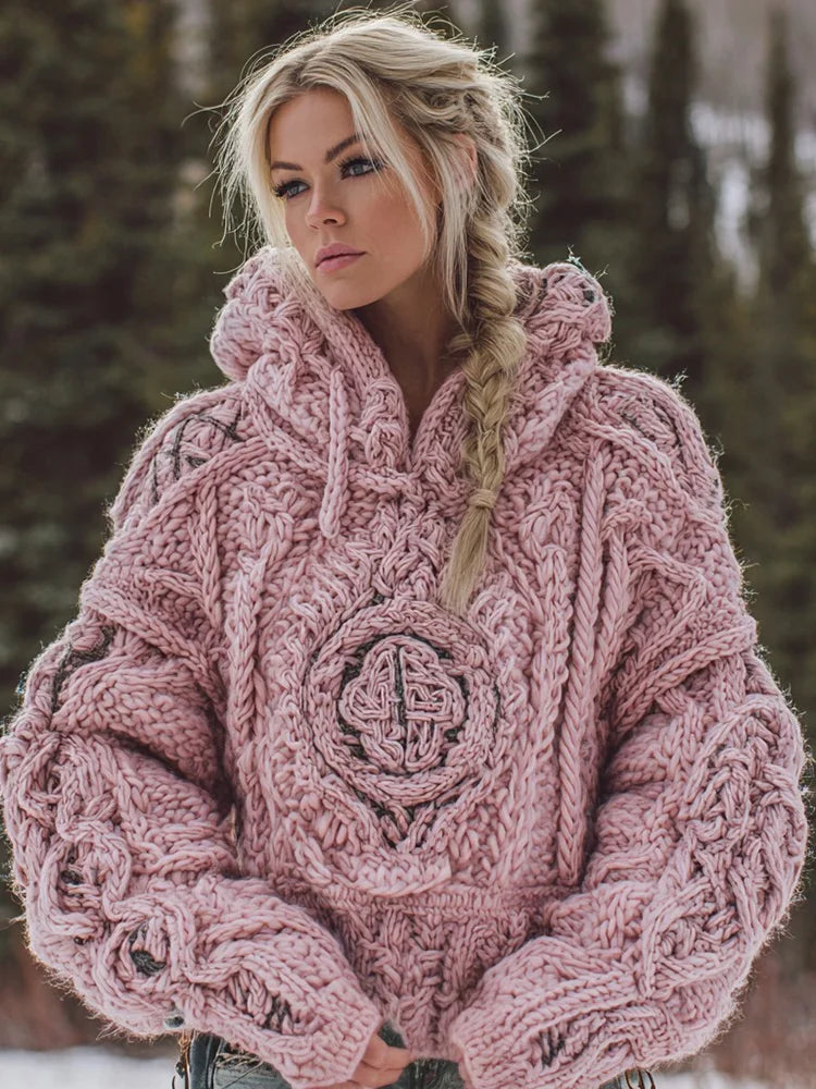 Women's Vintage Viking Rune Knitted Warm Hooded Sweater