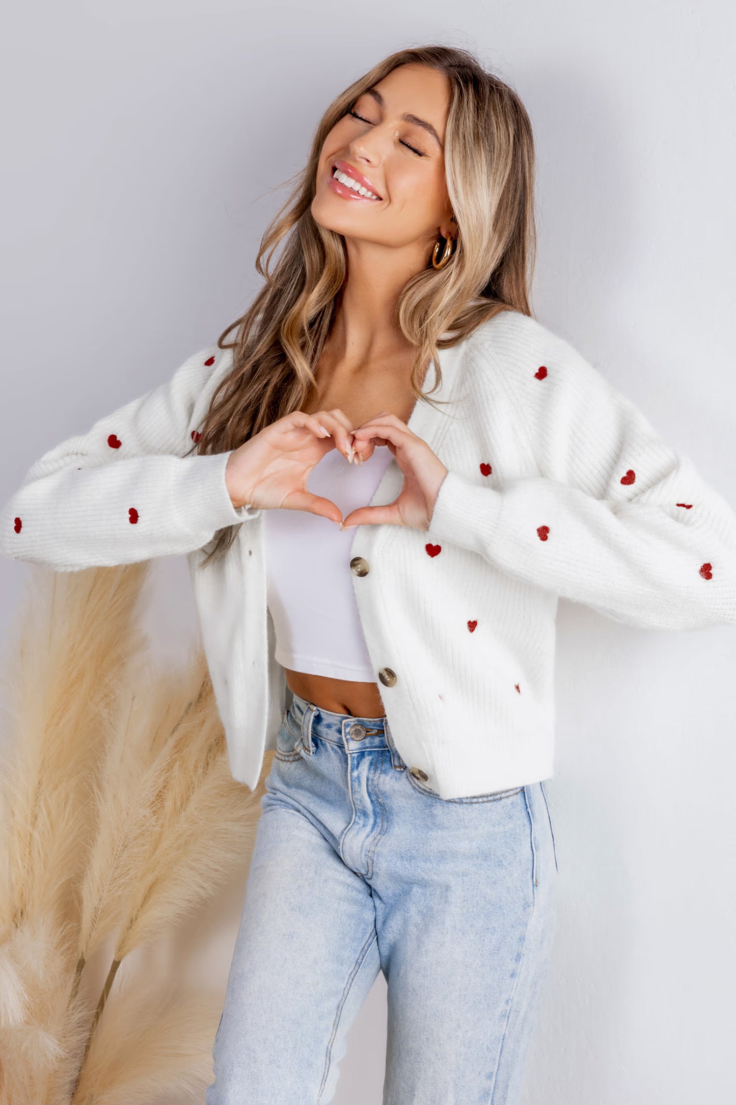 Heart Print Long Sleeve V-Neck Cardigan