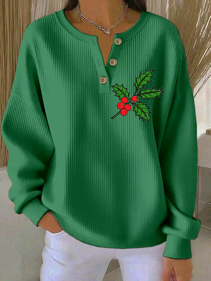 Women's Cat Print Knitted Crew Neck Long Sleeve Top