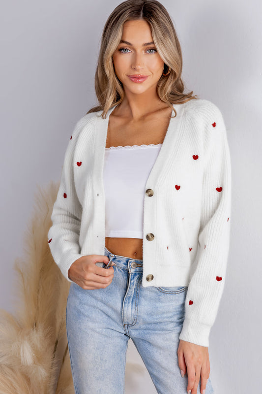 Heart Print Long Sleeve V-Neck Cardigan