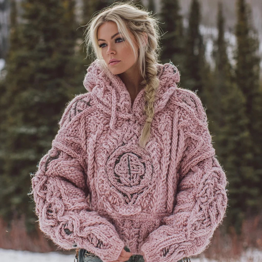 Women's Vintage Viking Rune Knitted Warm Hooded Sweater