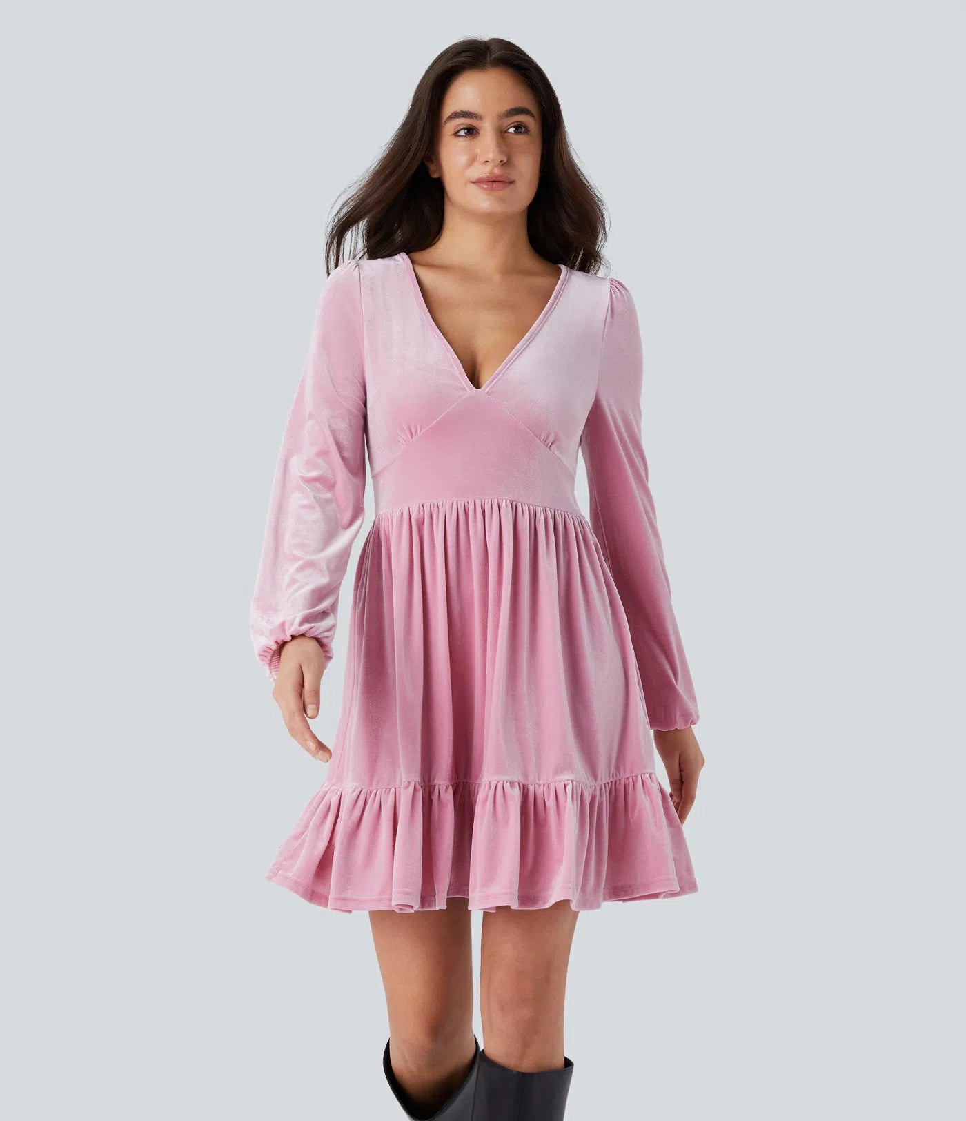 Everyday Deep V-Neck Long Sleeve Ruffled Hem Velvet Mini Chill Dress