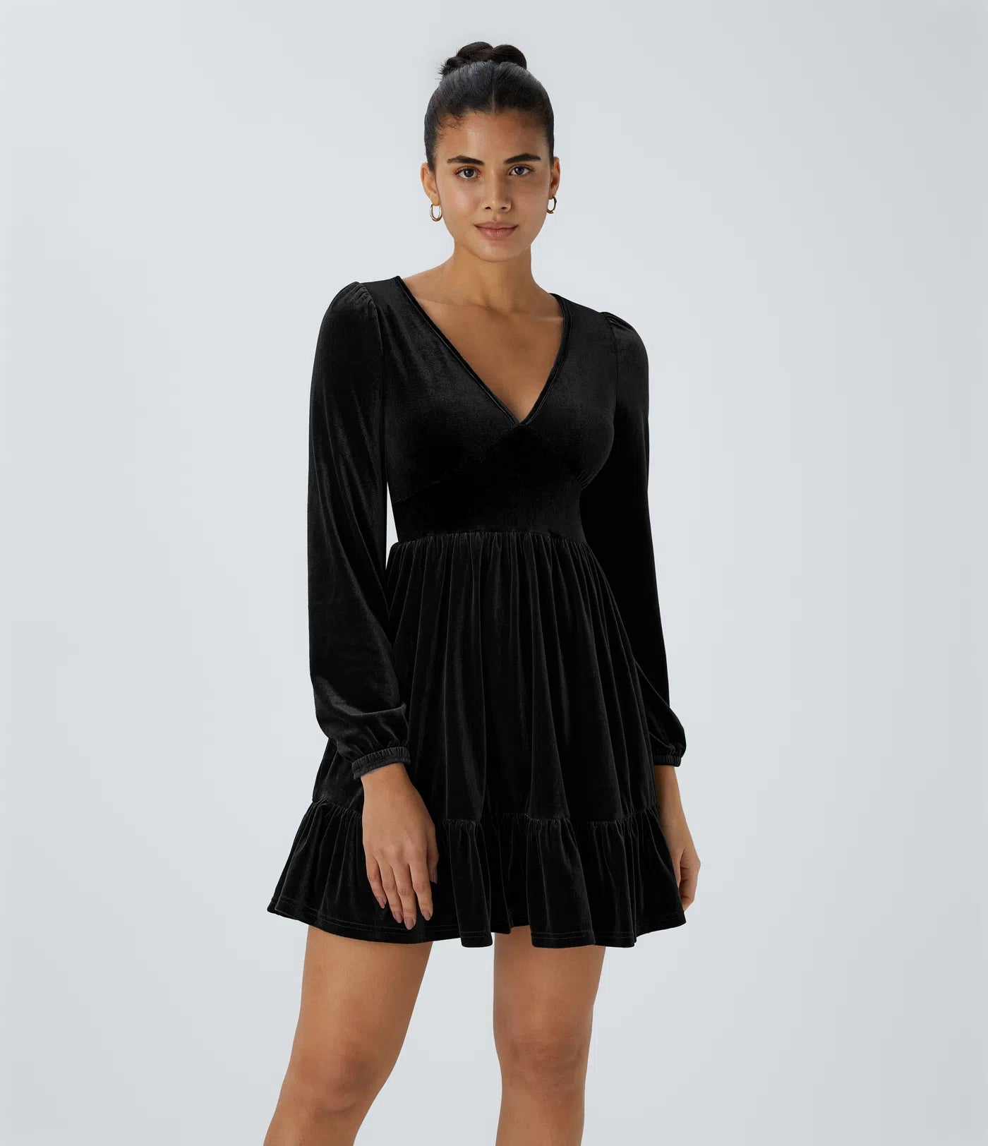Everyday Deep V-Neck Long Sleeve Ruffled Hem Velvet Mini Chill Dress