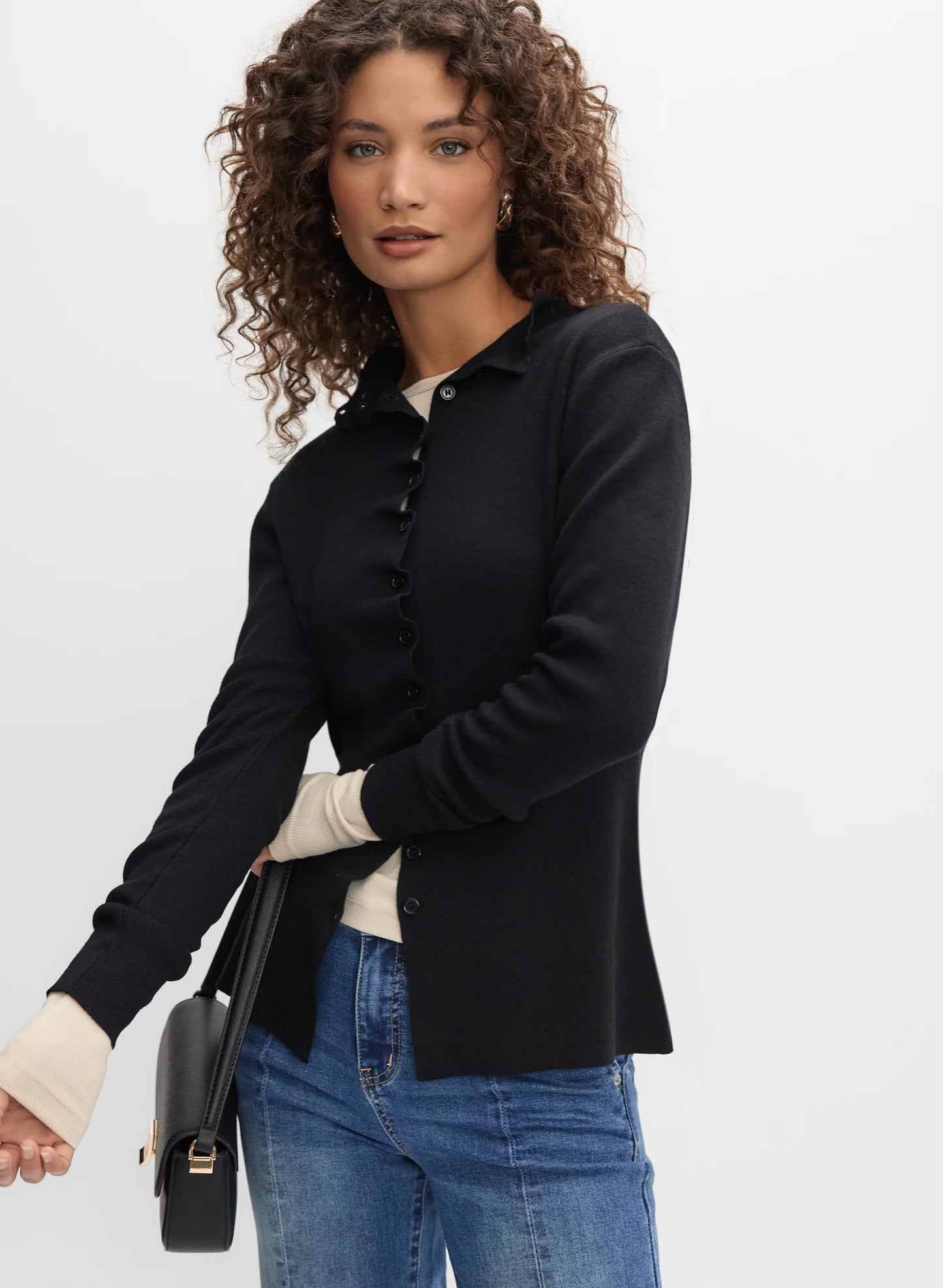 Ruffle Button-Front Cardigan