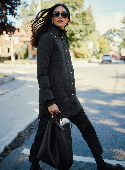 Mid-Length Stand-Collar Quilted Coat