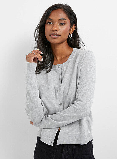 Fine-Knit Crew-Neck Cardigan