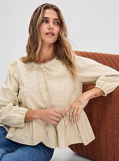 Ruffle-Hem Tie-Neck Blouse