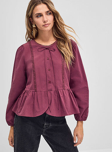 Ruffle-Hem Tie-Neck Blouse