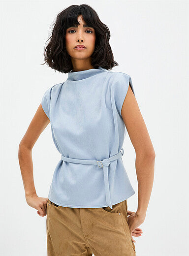 Belted Cap Sleeve Faux Suede Blouse