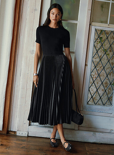 Pleated Faux-Leather Mixed-Media Dress