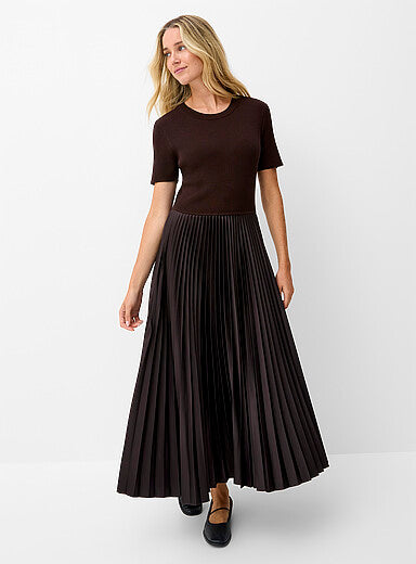 Pleated Faux-Leather Mixed-Media Dress