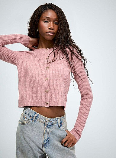 Bow-Button Ribbed Cropped Cardigan