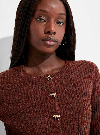 Bow-Button Ribbed Cropped Cardigan