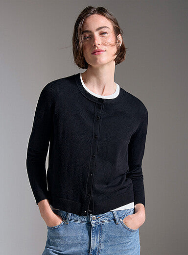 Fine-Knit Crew-Neck Cardigan
