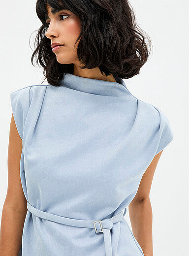 Belted Cap Sleeve Faux Suede Blouse