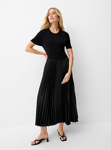 Pleated Faux-Leather Mixed-Media Dress