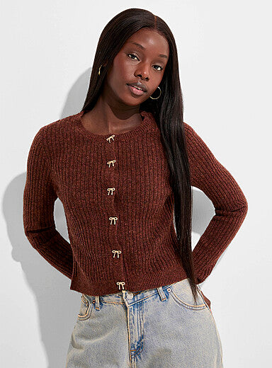 Bow-Button Ribbed Cropped Cardigan