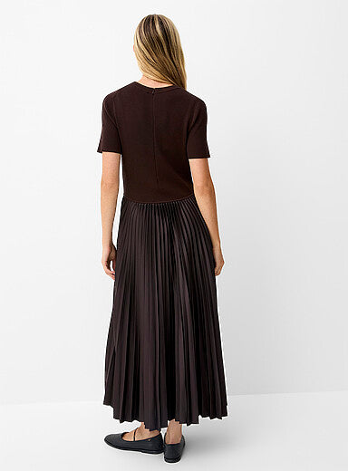 Pleated Faux-Leather Mixed-Media Dress