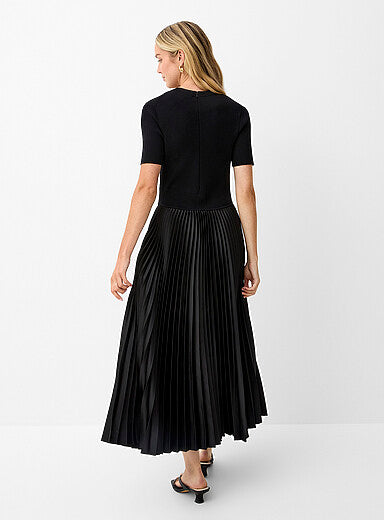 Pleated Faux-Leather Mixed-Media Dress