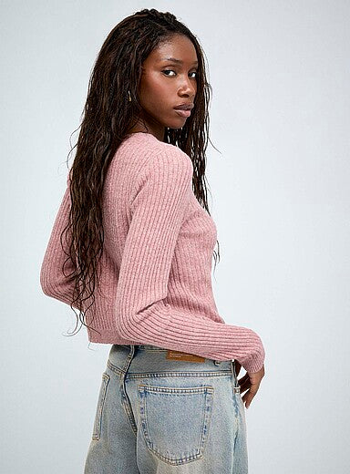 Bow-Button Ribbed Cropped Cardigan