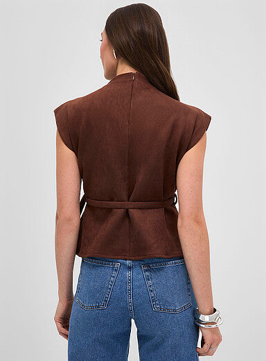 Belted Cap Sleeve Faux Suede Blouse