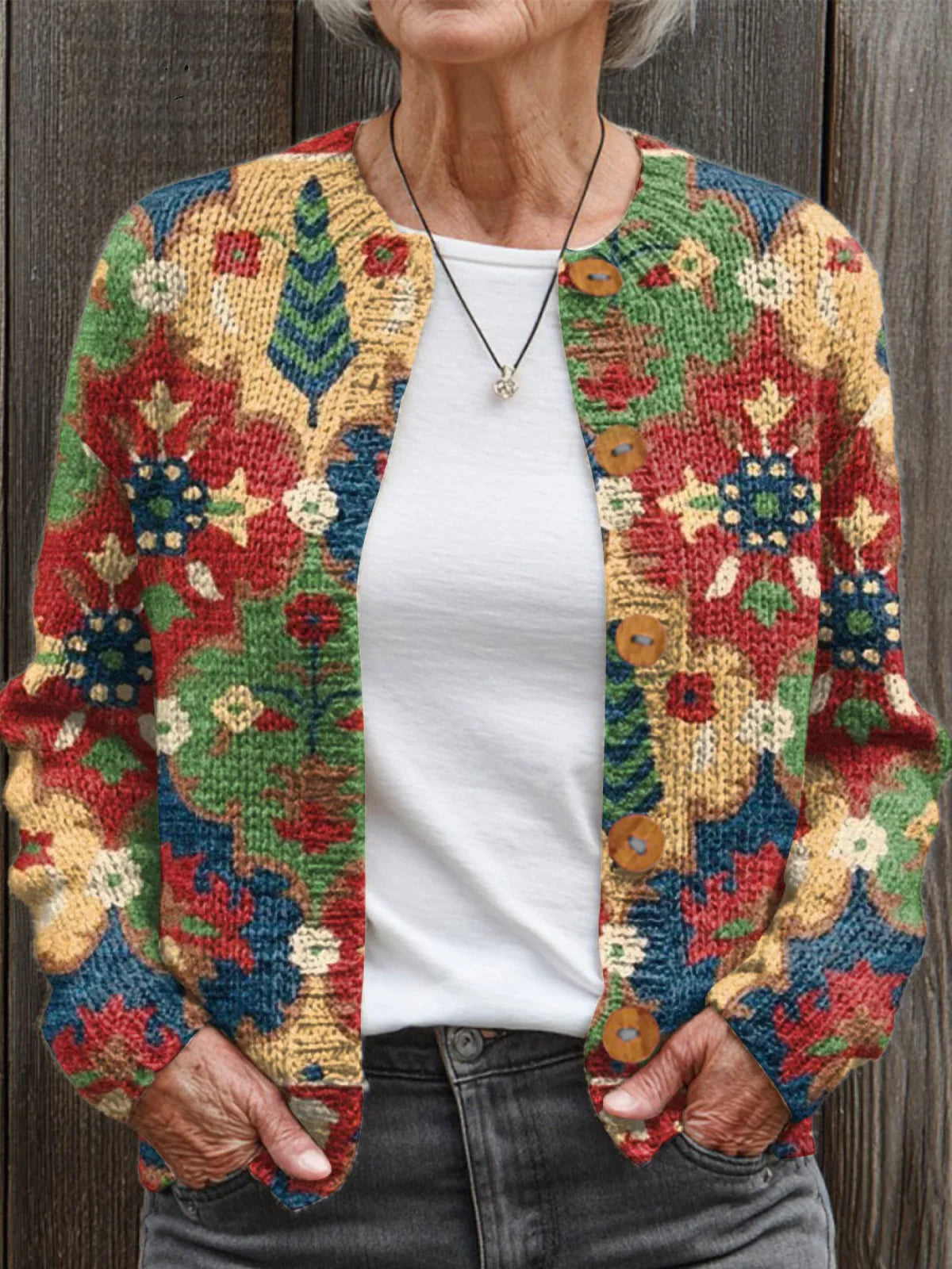 Vintage Flower Art Print Buttoned Cardigan Sweater