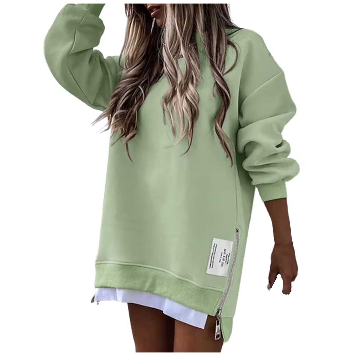 Long Sleeve Pullover Sweatshirt Zipper Slit Casual Dress