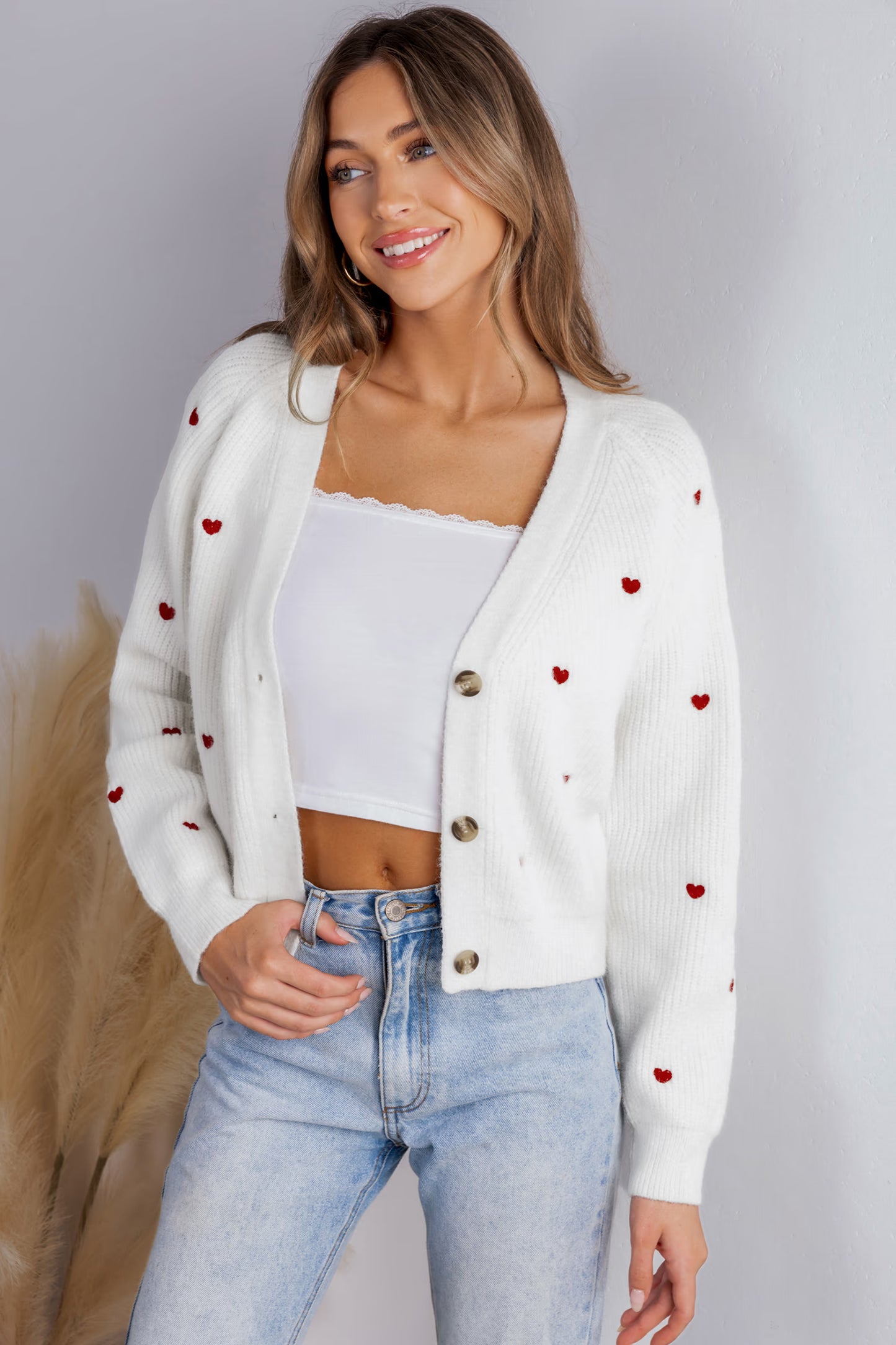 Heart Print Long Sleeve V-Neck Cardigan