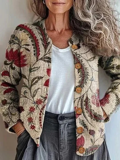 Women's Knitted Floral Long Sleeve Casual Vintage Cardigan