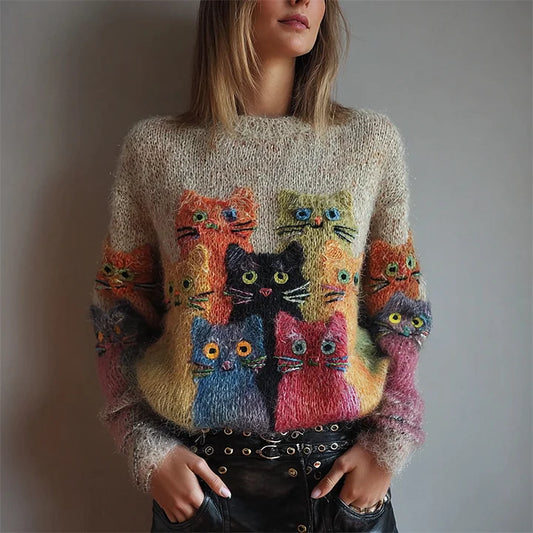 Vintage Colorful Crowded Cats Fuzzy Cozy Knit Sweater